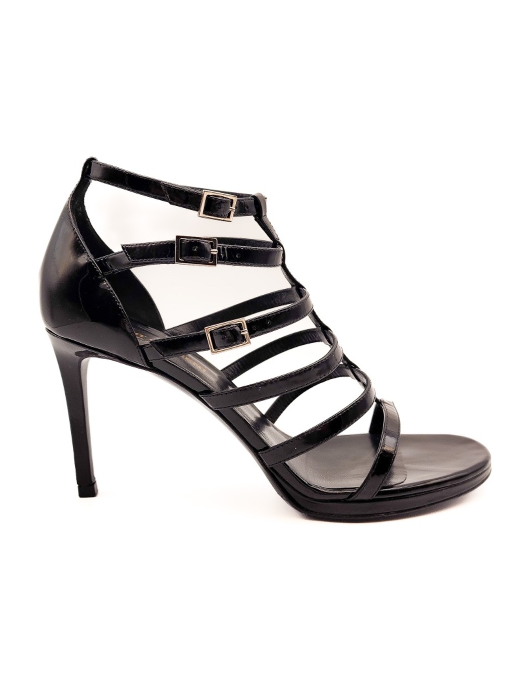 Saint Laurent Strappy Buckle Black Patent Leather Heels EU 38.5